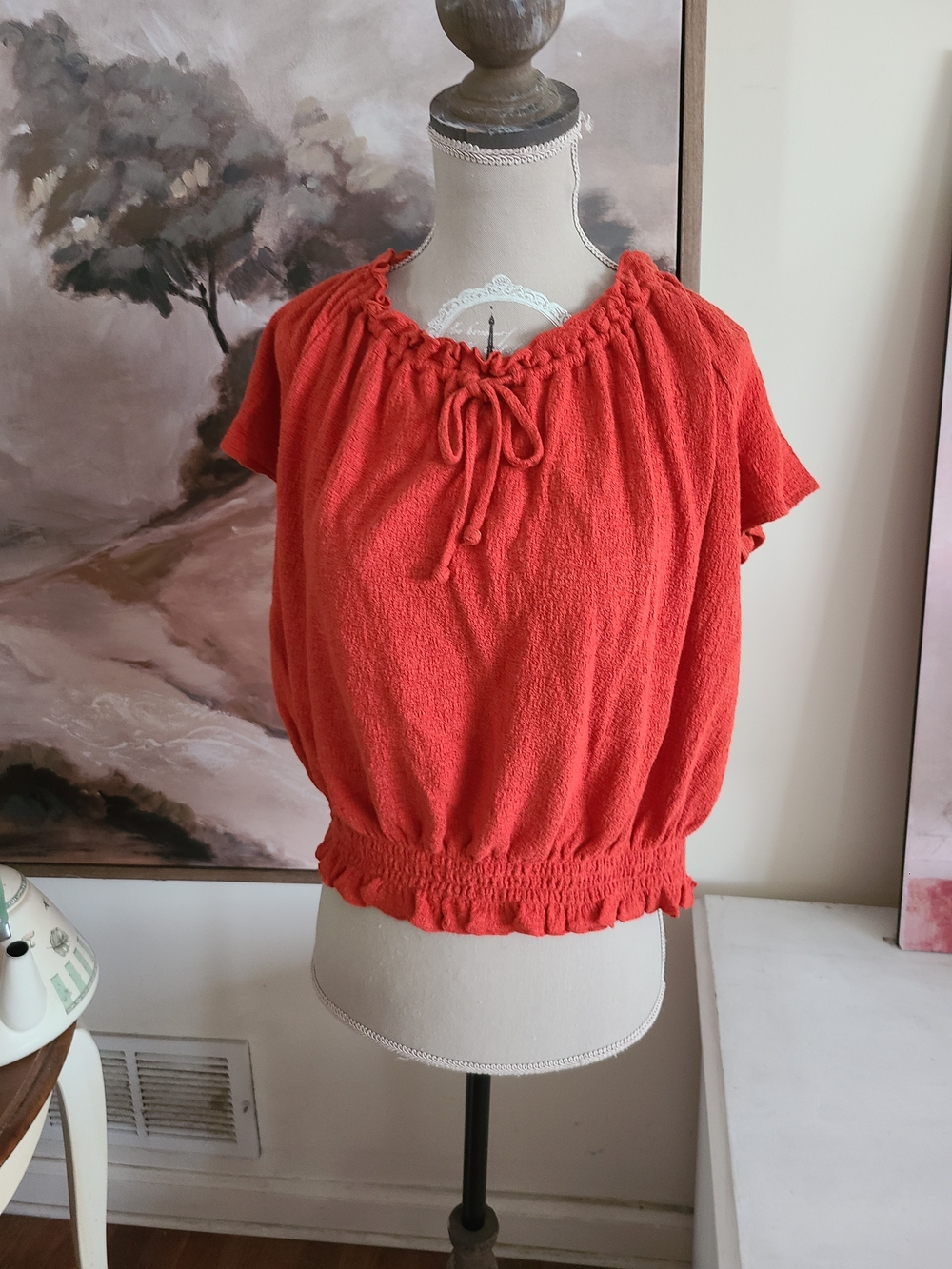 Madewell Red Short-Sleeve Peasant Top with Elastic Hem